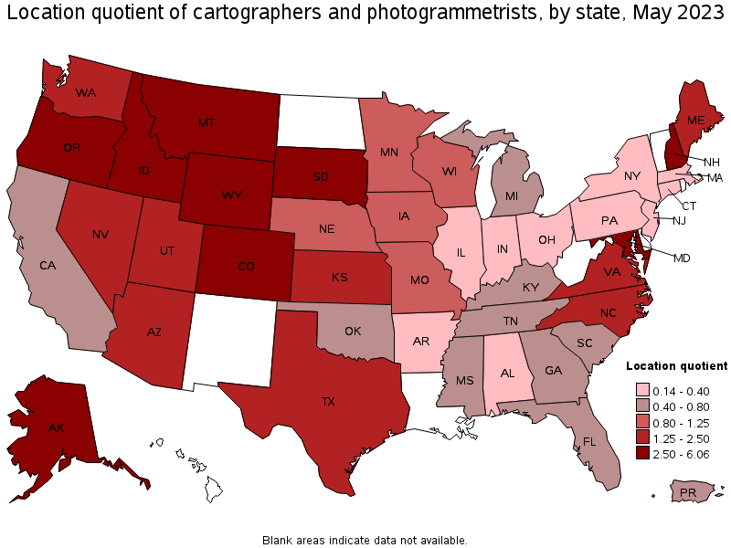 Map of location quotient of cartographers and photogrammetrists by state, May 2021