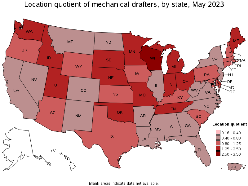 Map of location quotient of mechanical drafters by state, May 2021