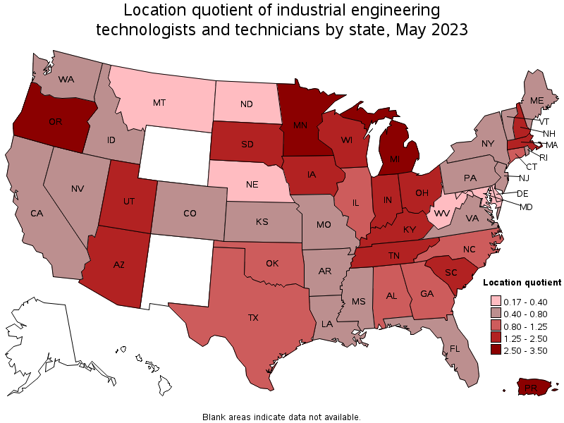 Map of location quotient of industrial engineering technologists and technicians by state, May 2021