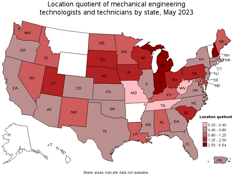 Map of location quotient of mechanical engineering technologists and technicians by state, May 2021