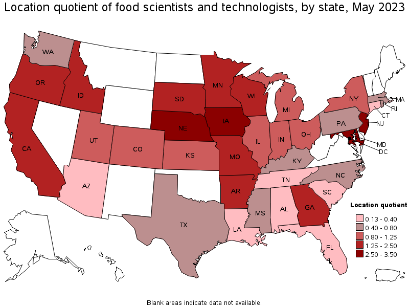 Map of location quotient of food scientists and technologists by state, May 2021