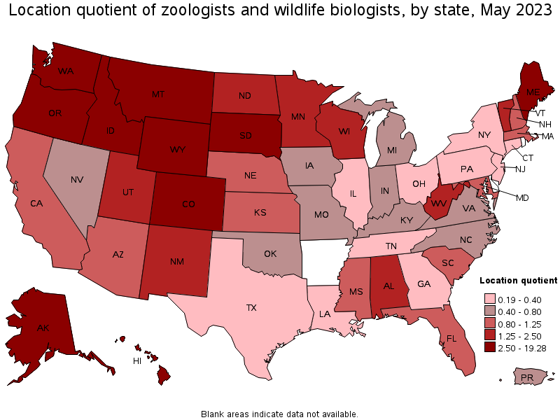 Map of location quotient of zoologists and wildlife biologists by state, May 2022