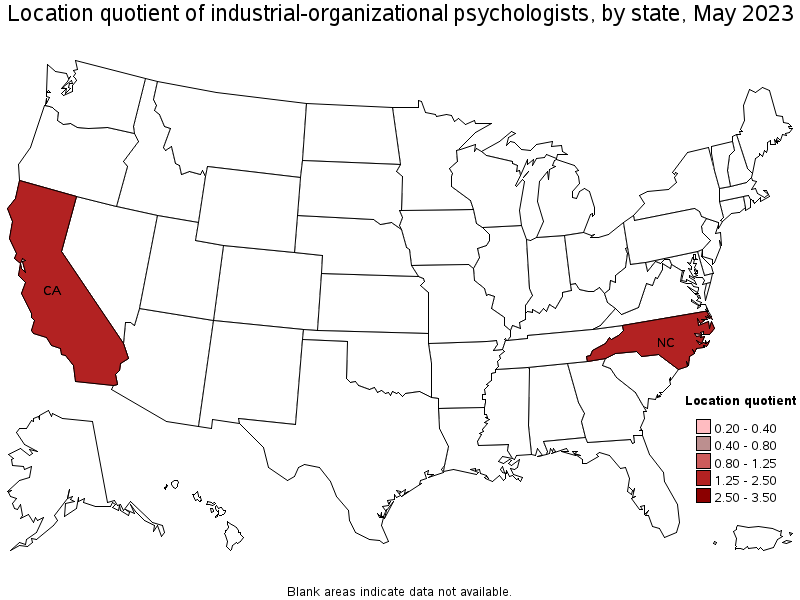 Map of location quotient of industrial-organizational psychologists by state, May 2023