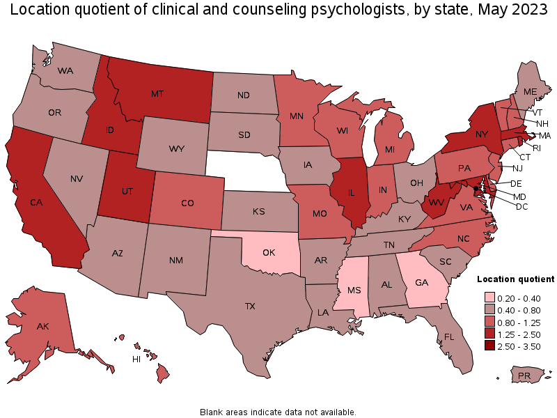 Map of location quotient of clinical and counseling psychologists by state, May 2021