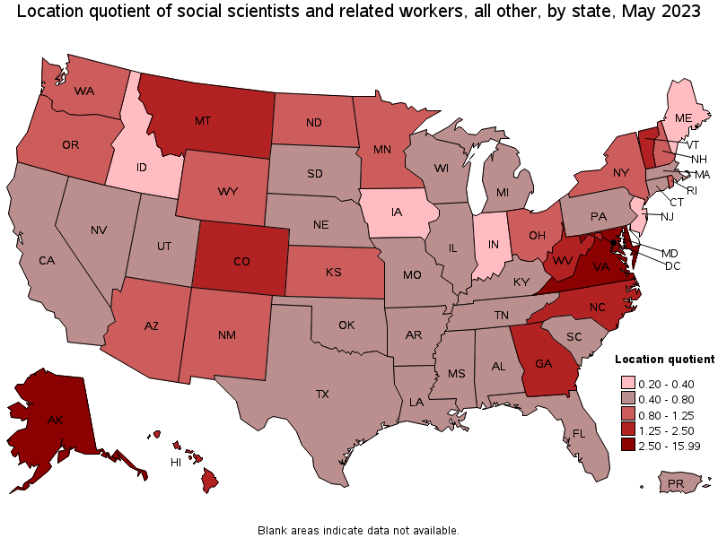 Map of location quotient of social scientists and related workers, all other by state, May 2022