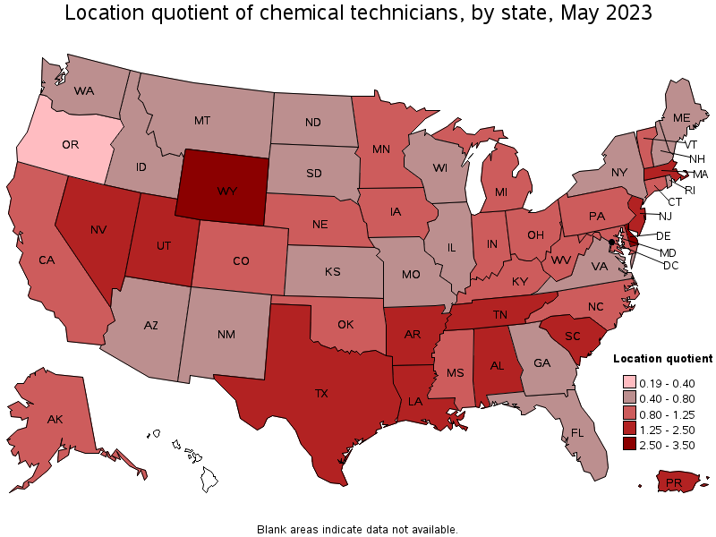 Map of location quotient of chemical technicians by state, May 2021