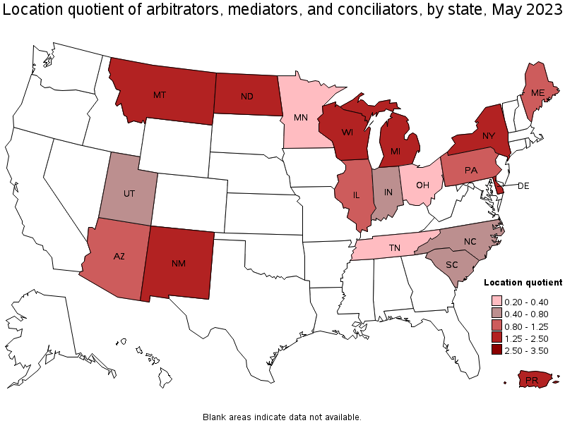 Map of location quotient of arbitrators, mediators, and conciliators by state, May 2021