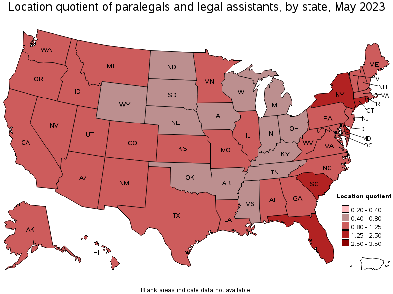 Map of location quotient of paralegals and legal assistants by state, May 2021