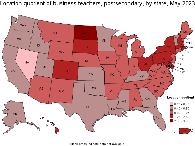 Map of location quotient of business teachers, postsecondary by state, May 2021