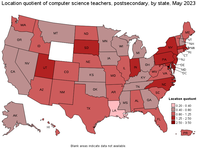 Map of location quotient of computer science teachers, postsecondary by state, May 2021