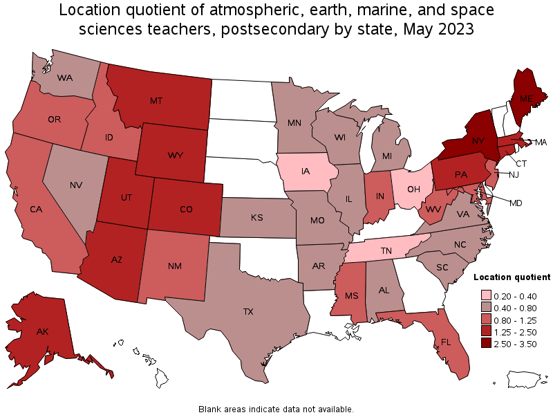 Map of location quotient of atmospheric, earth, marine, and space sciences teachers, postsecondary by state, May 2022