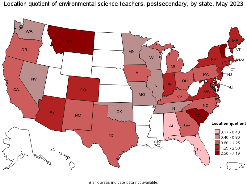 Map of location quotient of environmental science teachers, postsecondary by state, May 2021