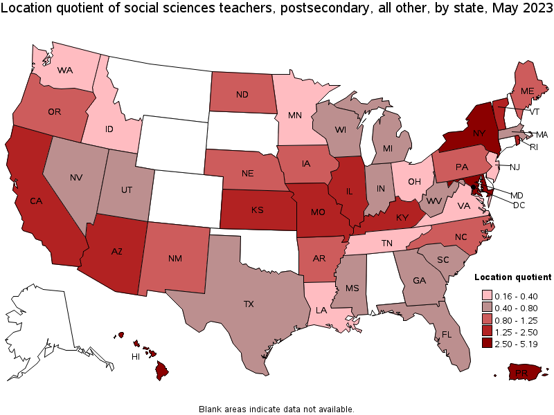 Map of location quotient of social sciences teachers, postsecondary, all other by state, May 2022