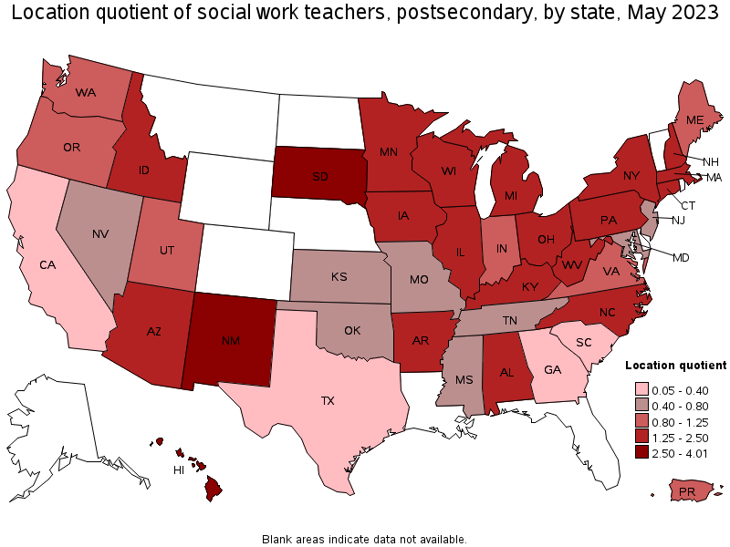 Map of location quotient of social work teachers, postsecondary by state, May 2021