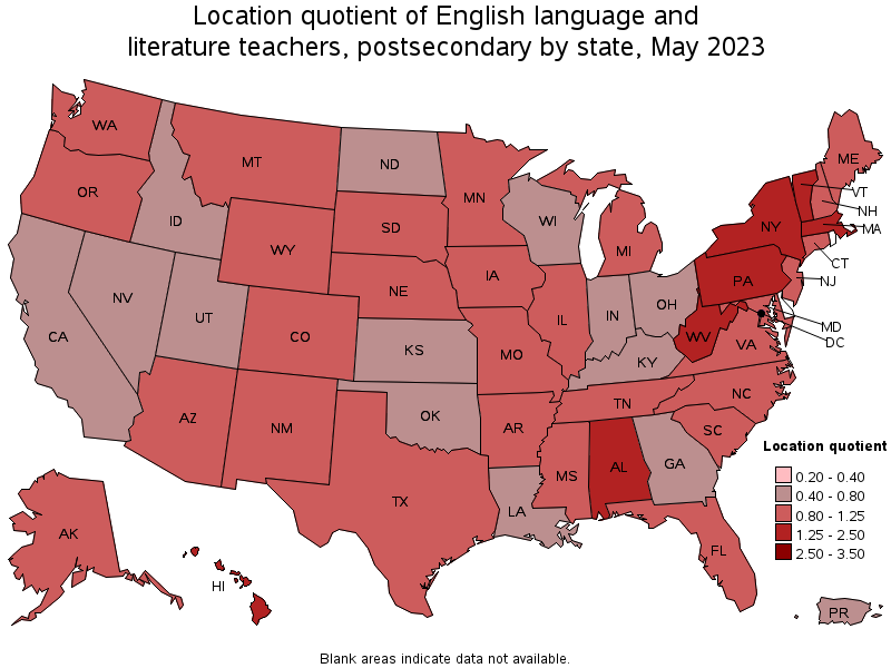 Map of location quotient of english language and literature teachers, postsecondary by state, May 2022