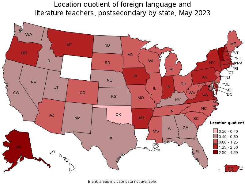 Map of location quotient of foreign language and literature teachers, postsecondary by state, May 2021