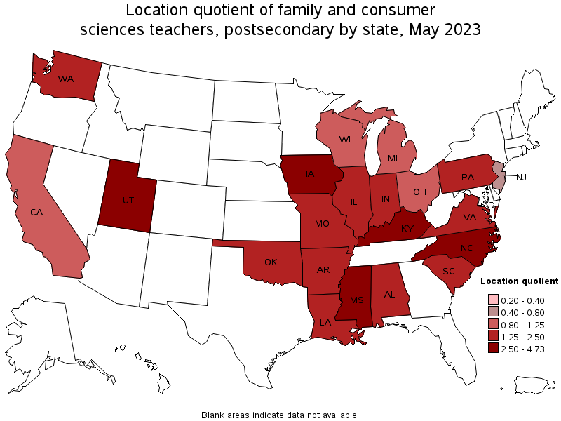 Map of location quotient of family and consumer sciences teachers, postsecondary by state, May 2021