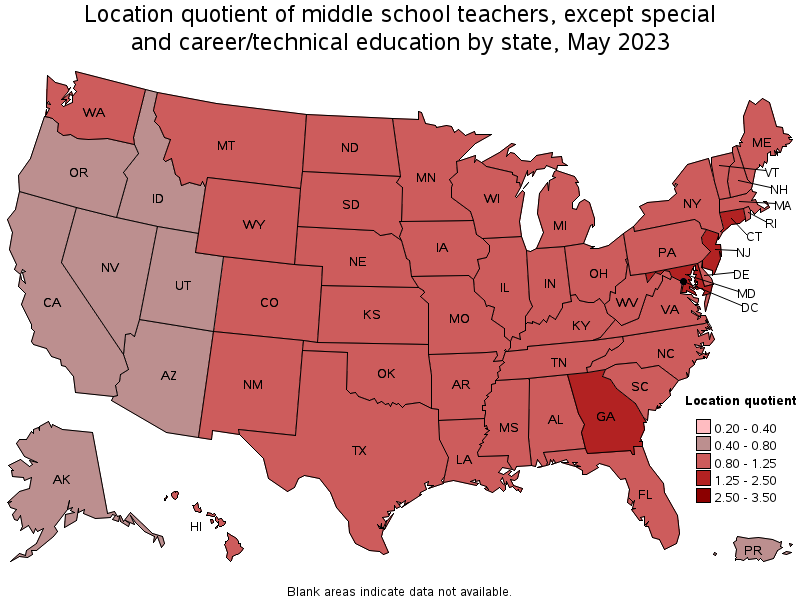 Map of location quotient of middle school teachers, except special and career/technical education by state, May 2021