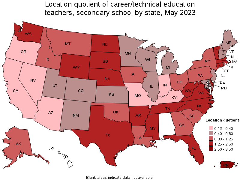 Map of location quotient of career/technical education teachers, secondary school by state, May 2021