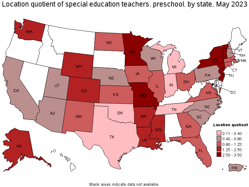 Map of location quotient of special education teachers, preschool by state, May 2021