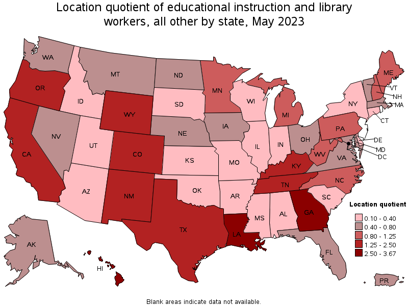 Map of location quotient of educational instruction and library workers, all other by state, May 2021