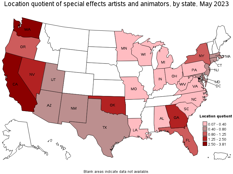 Map of location quotient of special effects artists and animators by state, May 2023