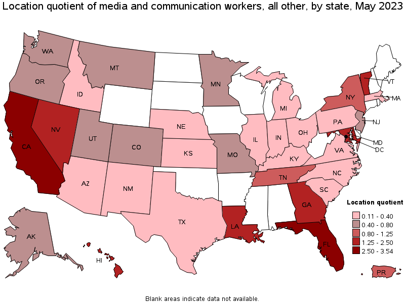 Map of location quotient of media and communication workers, all other by state, May 2021