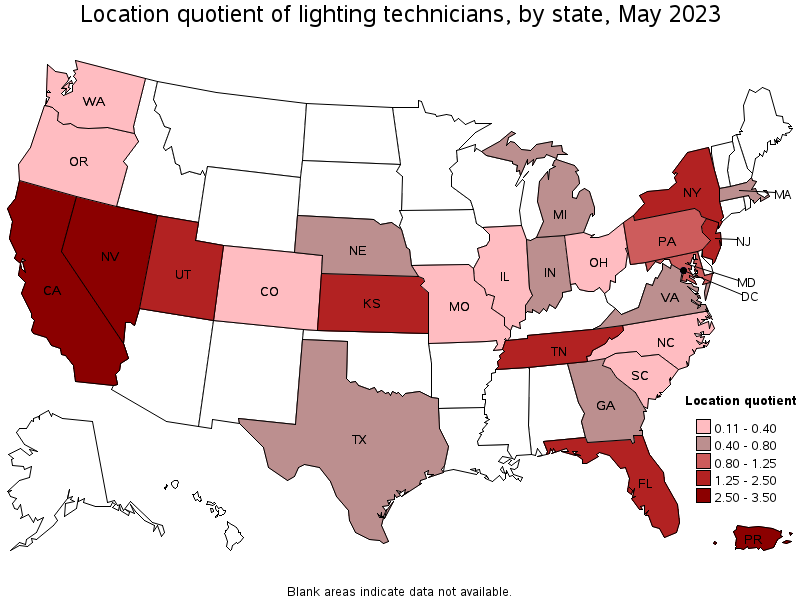 Map of location quotient of lighting technicians by state, May 2021