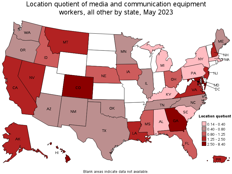 Map of location quotient of media and communication equipment workers, all other by state, May 2021