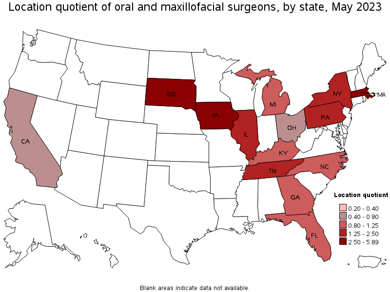 Map of location quotient of oral and maxillofacial surgeons by state, May 2021
