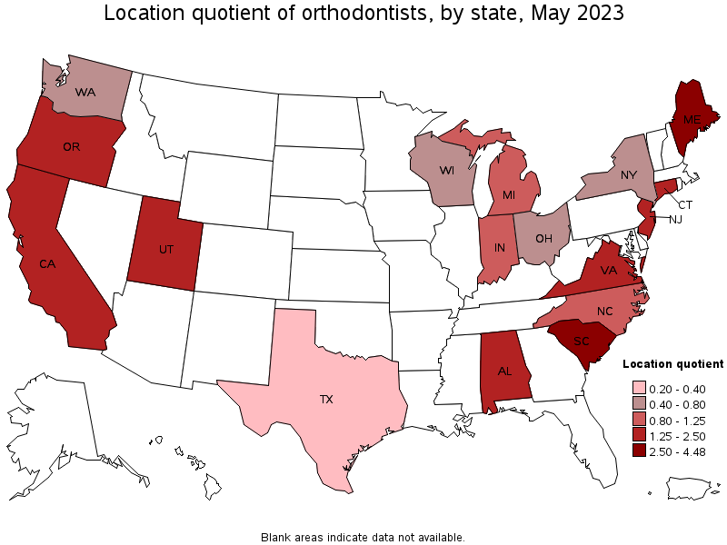 Map of location quotient of orthodontists by state, May 2021