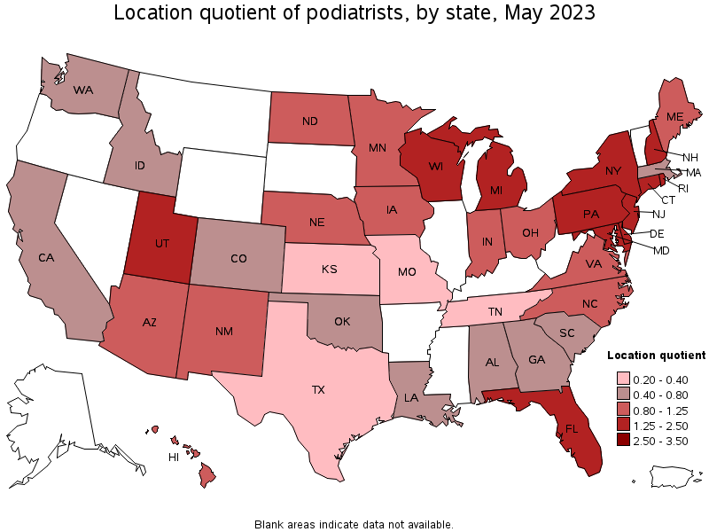 Map of location quotient of podiatrists by state, May 2022