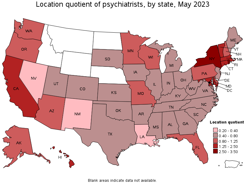 Map of location quotient of psychiatrists by state, May 2021