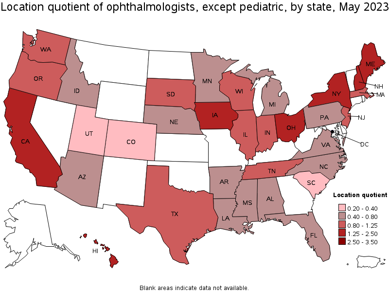 Map of location quotient of ophthalmologists, except pediatric by state, May 2022