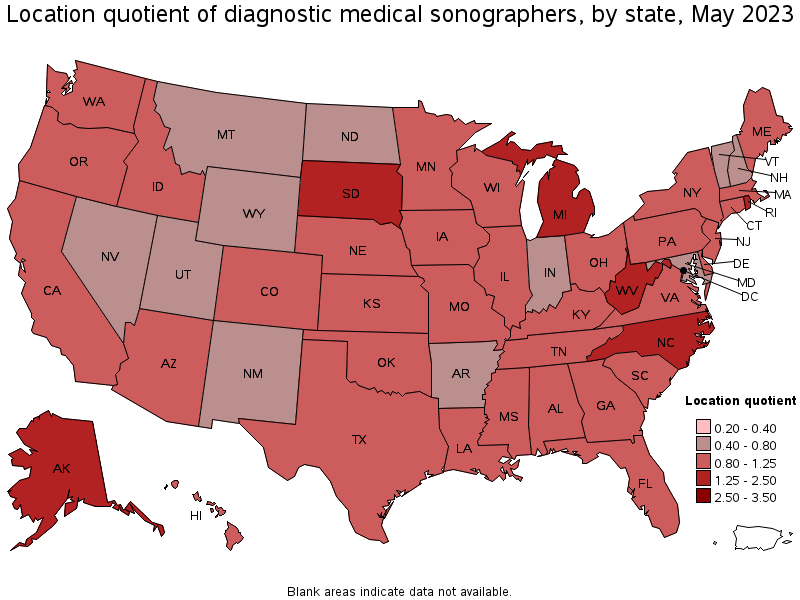 Map of location quotient of diagnostic medical sonographers by state, May 2021