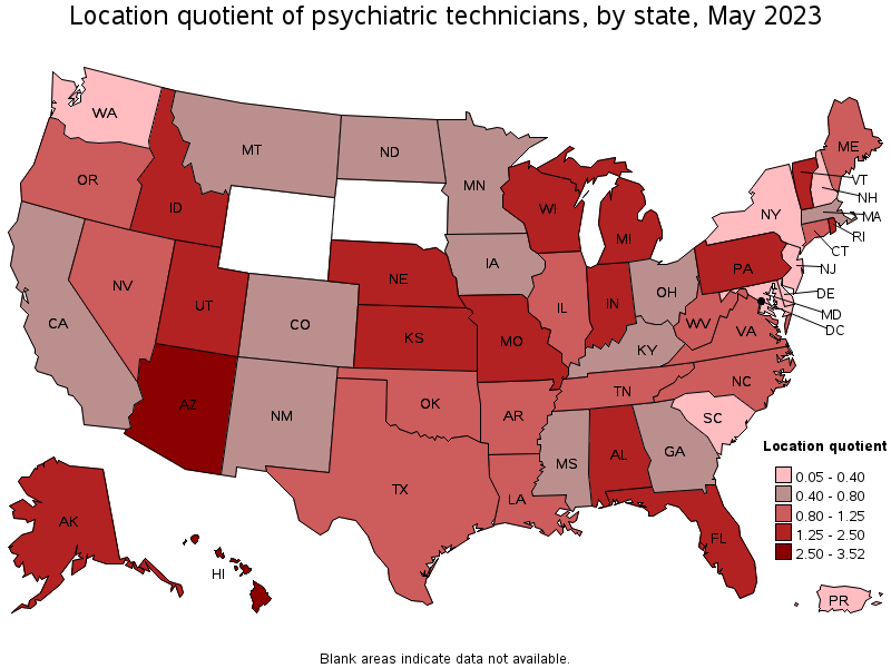 Map of location quotient of psychiatric technicians by state, May 2022