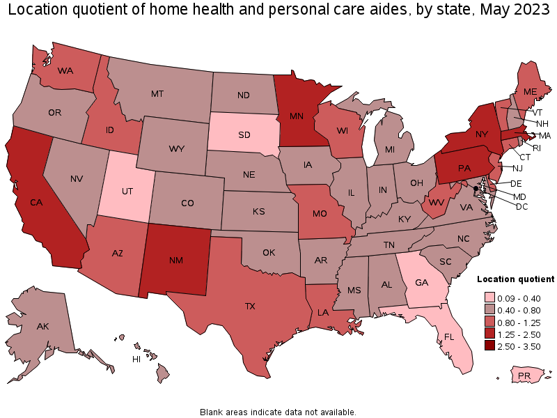 Map of location quotient of home health and personal care aides by state, May 2022