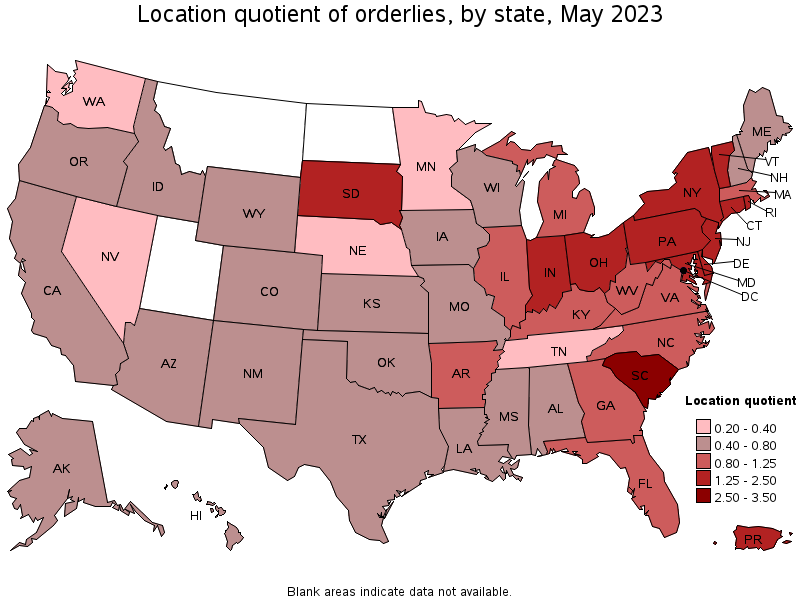 Map of location quotient of orderlies by state, May 2022