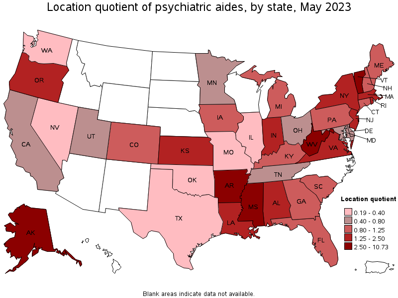 Map of location quotient of psychiatric aides by state, May 2023