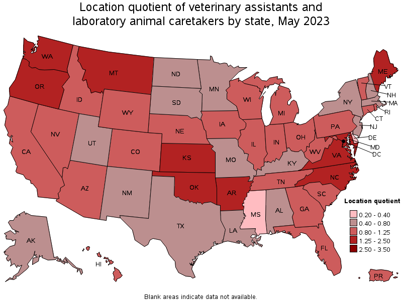 Map of location quotient of veterinary assistants and laboratory animal caretakers by state, May 2022