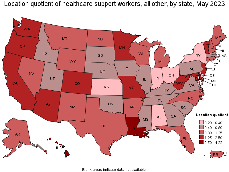Map of location quotient of healthcare support workers, all other by state, May 2022