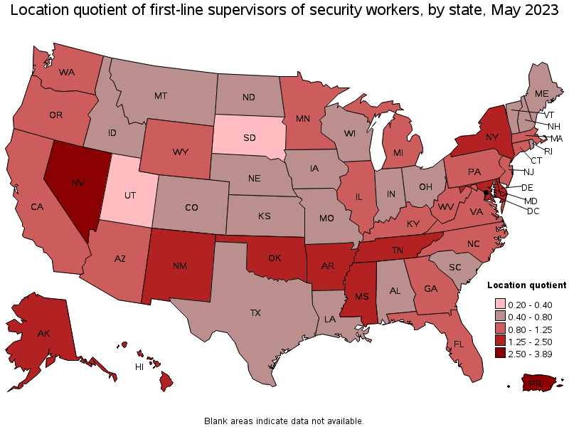Map of location quotient of first-line supervisors of security workers by state, May 2022