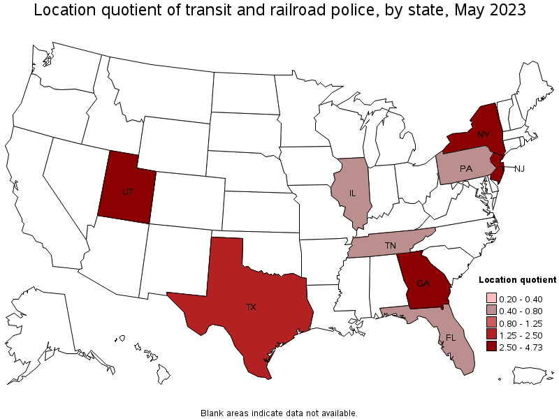 Map of location quotient of transit and railroad police by state, May 2021
