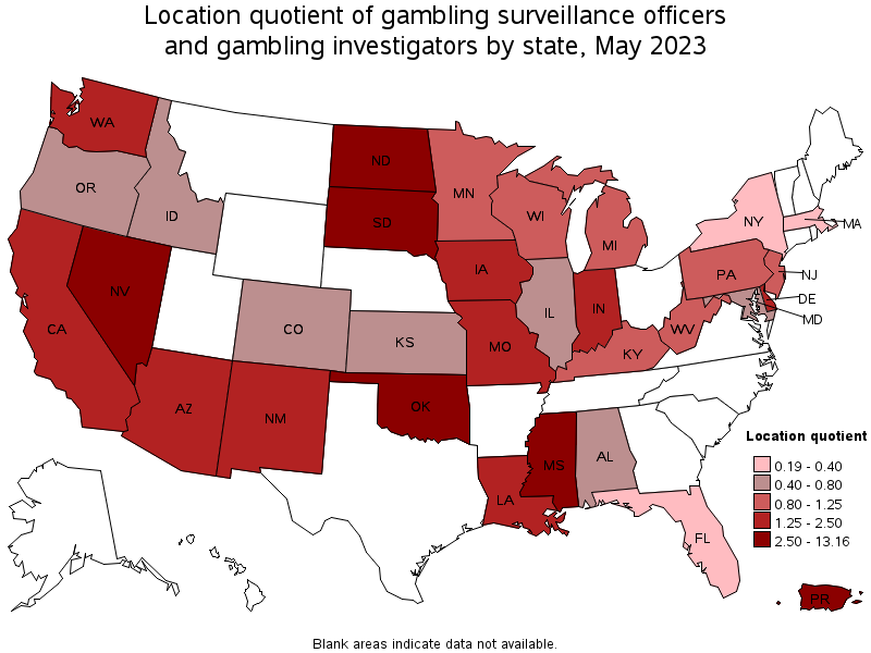 Map of location quotient of gambling surveillance officers and gambling investigators by state, May 2021