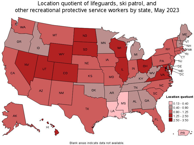 Map of location quotient of lifeguards, ski patrol, and other recreational protective service workers by state, May 2021