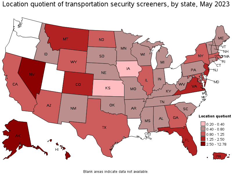 Map of location quotient of transportation security screeners by state, May 2022