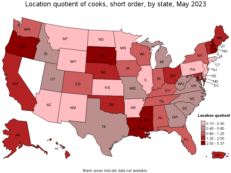 Map of location quotient of cooks, short order by state, May 2021