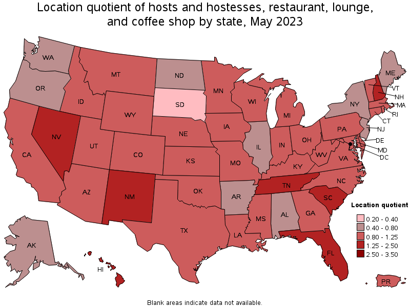 Map of location quotient of hosts and hostesses, restaurant, lounge, and coffee shop by state, May 2021
