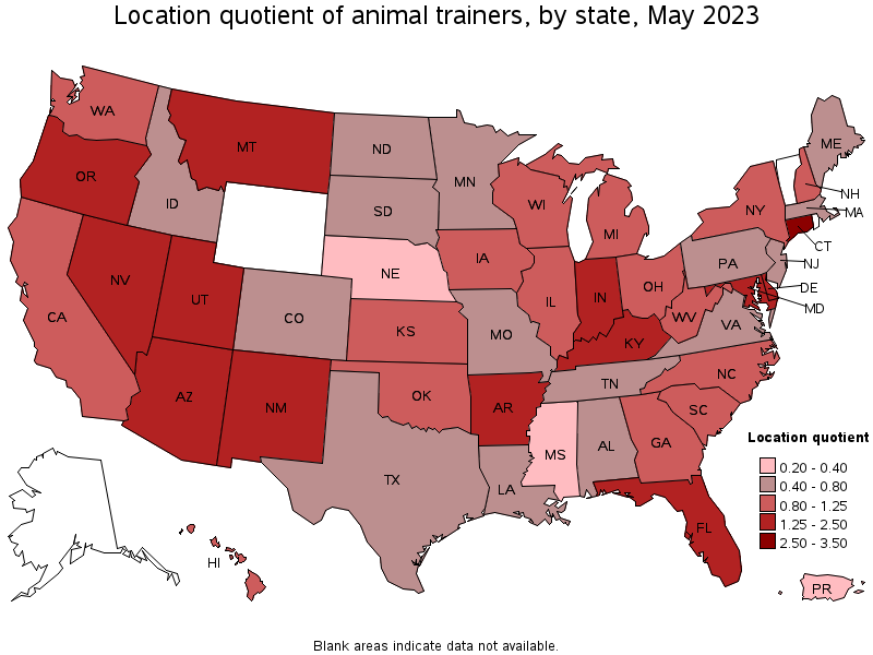 Map of location quotient of animal trainers by state, May 2022