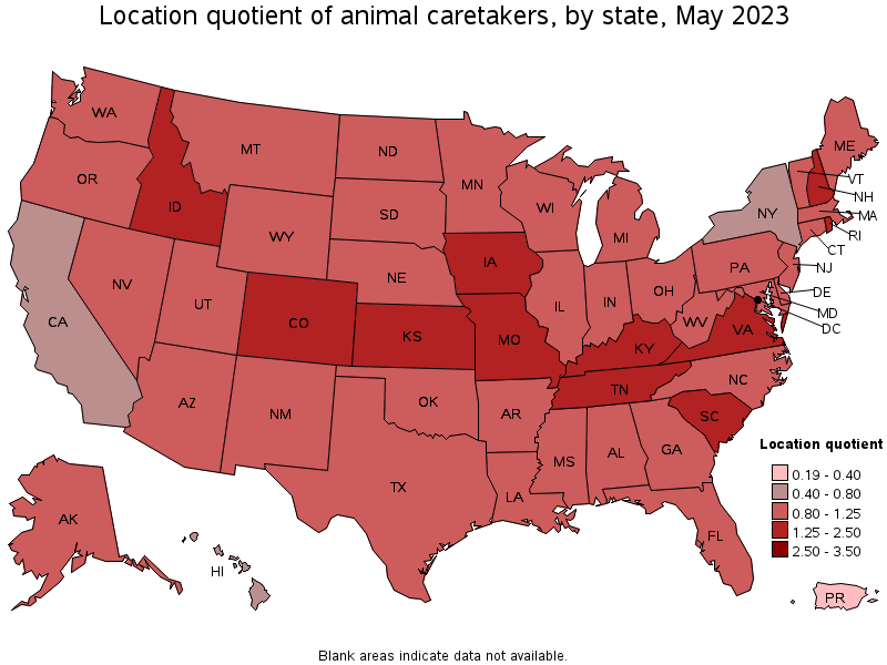 Map of location quotient of animal caretakers by state, May 2021